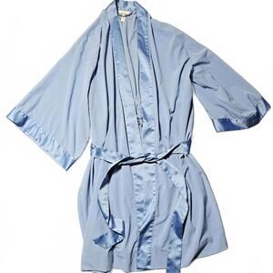 Soma Women Robe S / M Short Bell Flare Sleeves Kimono Blue Chiffon Satin Leisure